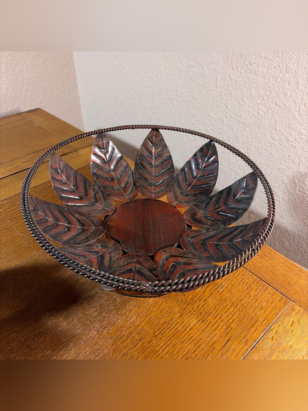 Metal Leaf Accent Fruit Bowl in Rustic Brown